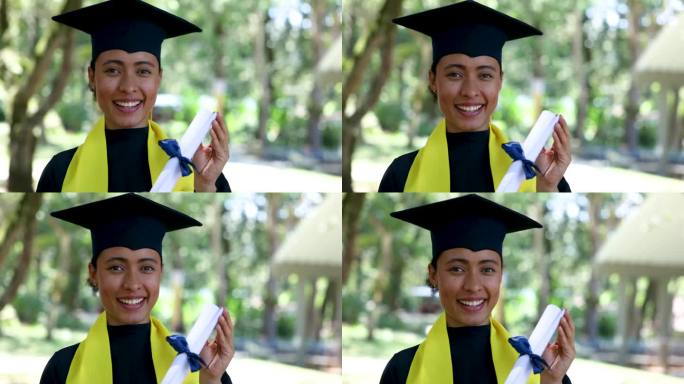 一个快乐的非洲裔美国女学生，毕业后拿着毕业证书面对镜头微笑