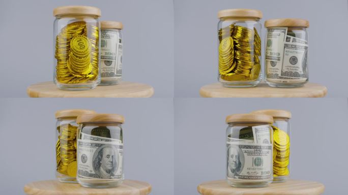 美元，货币在一个缓慢旋转的玻璃瓶里。金融和金融投资房地产，白银和黄金，收入，工资，现金流
