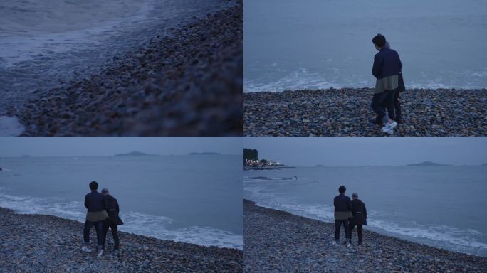 和老人在海边散步交流