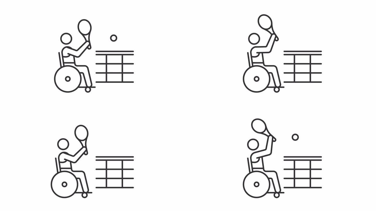 轮椅网球2D黑色创意细线性动画，透明背景高清视频，残奥会无缝循环4K视频