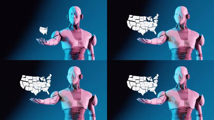 网络机器人人形手里拿着美国地图，把政治麻烦推到全球各地