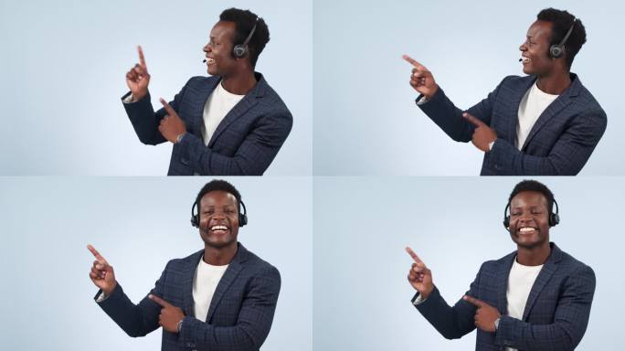 快乐的黑人，呼叫中心，在客户服务中心指手画脚，或者在工作室背景下做广告。非洲商人的肖像，顾问或代理展