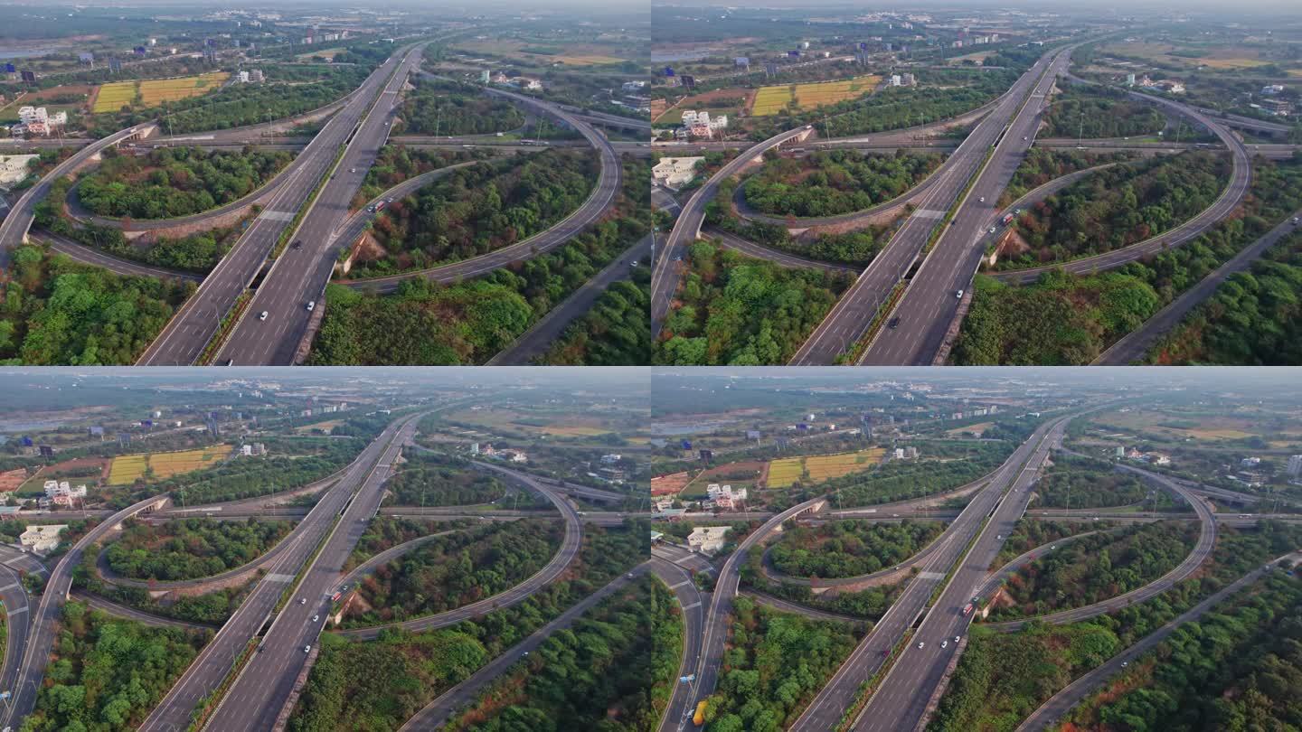 尼赫鲁外环线公路的照片，显示了印度泰伦加纳邦海得拉巴的多条道路、桥梁和高架桥，几乎没有汽车交通