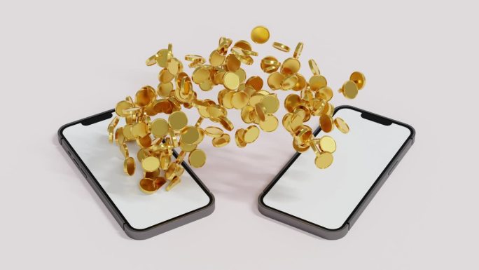 手机银行概念，硬币从智能手机转移到其他手机，网上转账，3D渲染。
