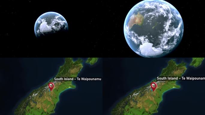 南岛地图从太空到地球的缩放，新西兰
