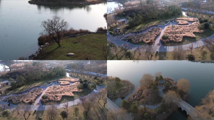 航拍西安地标秦岭渼陂湖建筑楼阁湖面夕阳