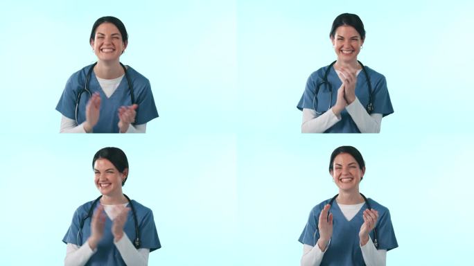 快乐的女人，医生和庆祝的掌声，感谢你或成功的工作室背景。女性肖像，医疗或保健护士微笑和鼓掌的幸福晋升