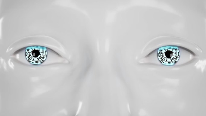 人形机器人近距离的眼睛。未来的技术。三维动画