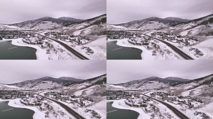 狄龙湖顶点湾汽车高速公路科罗拉多空中电影无人机多云多雪的冬天早晨的景色旧金山布雷肯里奇银索恩十英里山