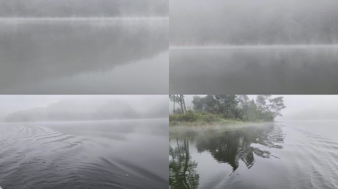 冬天雾景 青山绿水湖面 水面水汽水库霜冻