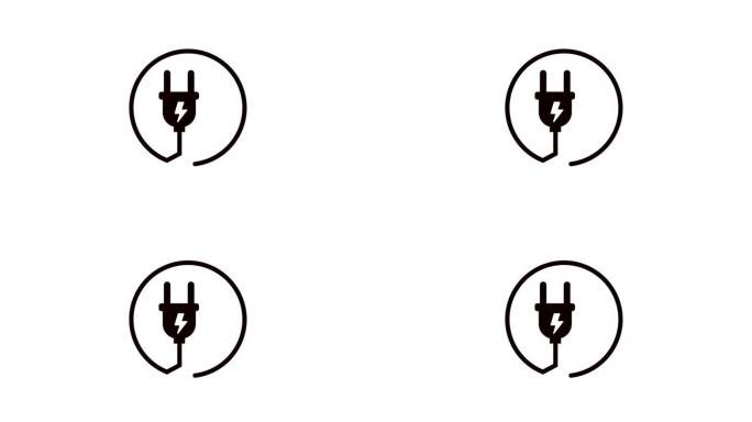 极简主义的电源插头图标动画与闪电孤立在白色背景。