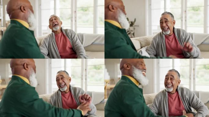 击掌，长辈或朋友在退休或谈话时大笑，以获得支持或联系在一起。聊天，快乐的老人或有趣的老人讲笑话聊天或