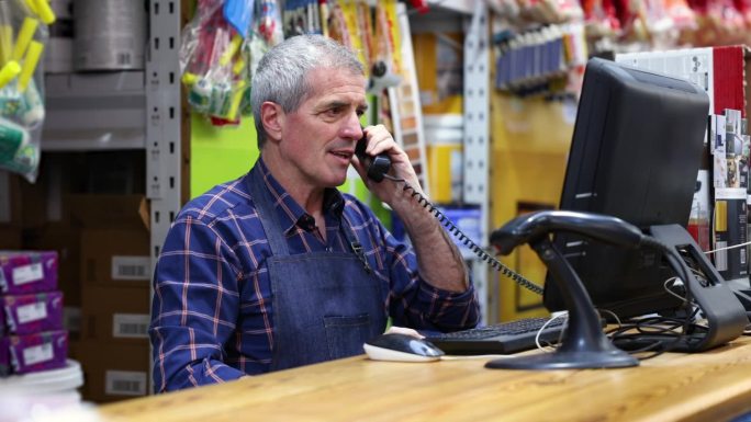 五金店的成熟员工在电话中与客户确认产品的可用性