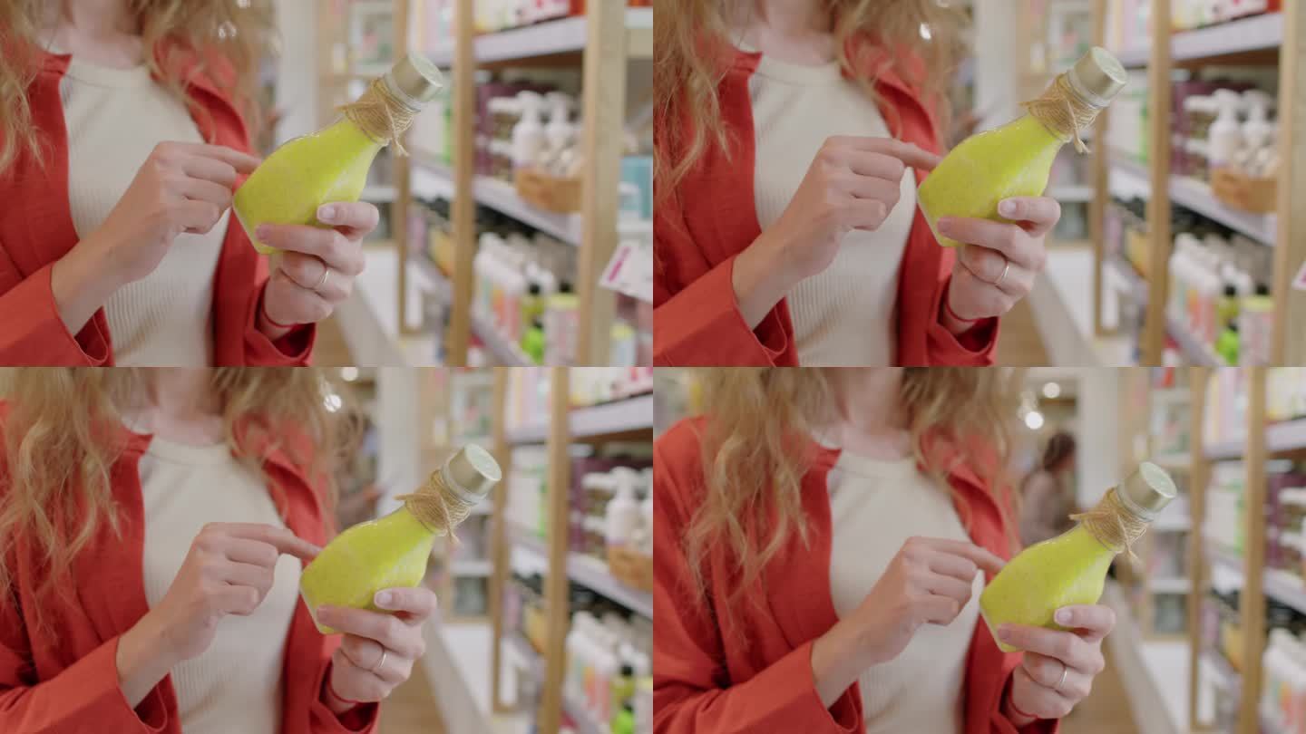 无法辨认的女人阅读黄色瓶子里的发膜成分