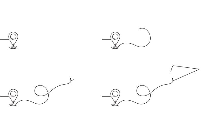 飞机航路和机场目的地的连续线动画视频。纸飞机图标和飞机目的地路径的飞行路线在一行运行视频。4 k的视