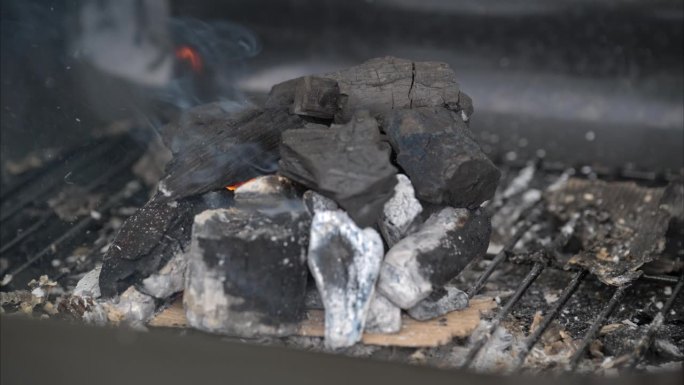 木炭燃烧的慢动作，火焰和烟雾冒出来。开始一个烤架的概念。