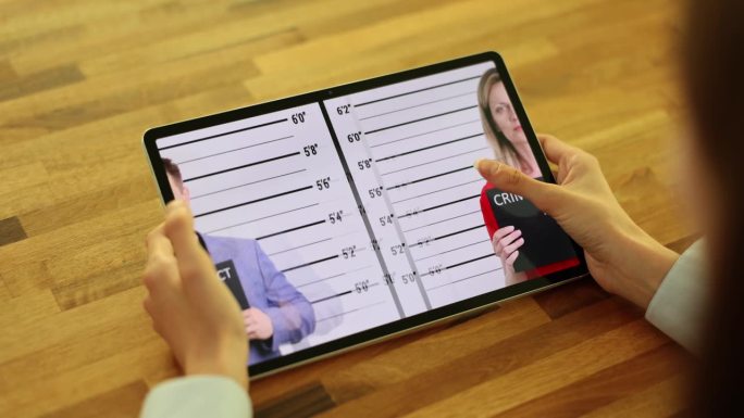 一名妇女在警察局看着平板电脑上嫌疑人的照片