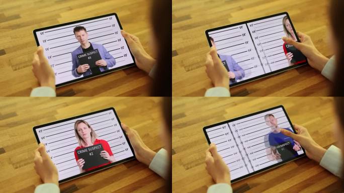 一名妇女在警察局看着平板电脑上嫌疑人的照片