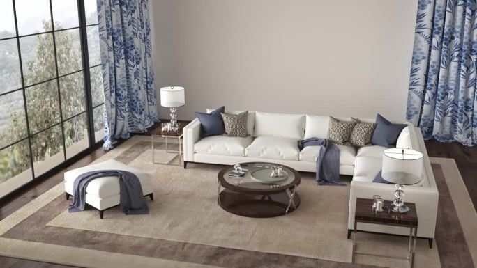 汉普顿风格的灯光室内设计客厅与大沙发，顶景。模拟白墙在家庭内部背景。高质量的镜头4K。3d渲染演示视