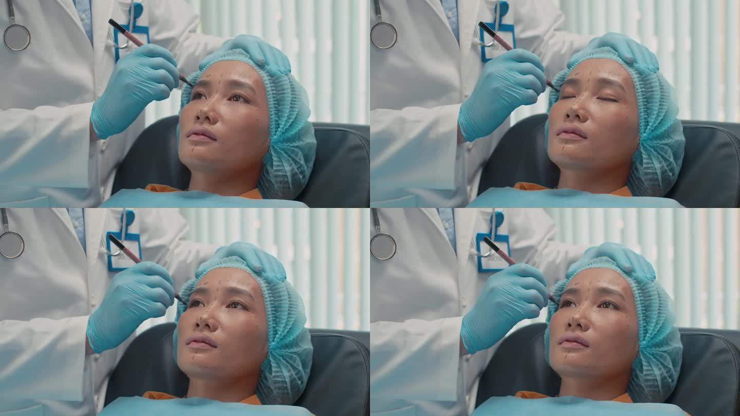 亚洲妇女躺在沙发上，整形医生在她脸上做记号