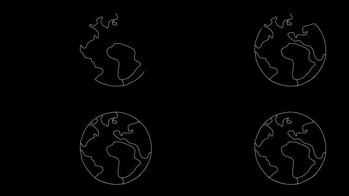 地球行星绘制线与连续路径动画。世界地图全球动画线在黑色背景与复制空间