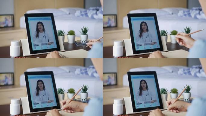 4 k。患病妇女使用视频会议，通过平板电脑与医生进行在线咨询，患者通过视频电话向医生询问病情和药物。