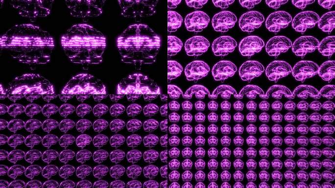 许多黑色背景上的紫色全息人脑图。