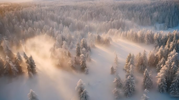 航拍唯美雾凇冬季冬天自然风光风景兴安岭