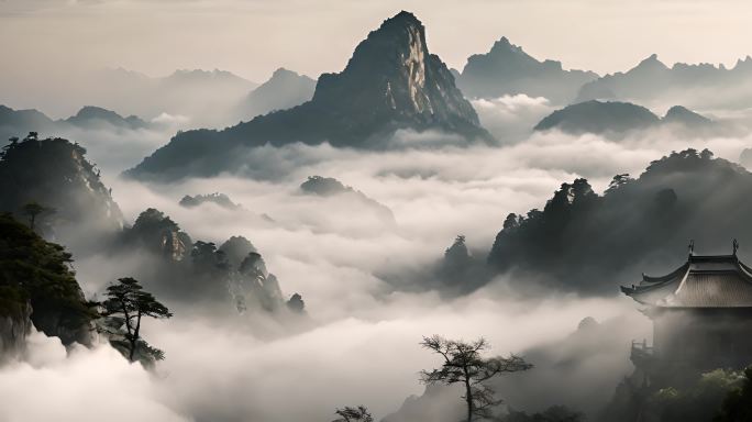 中国风 水墨风远山 山峦叠嶂云雾缭绕山川