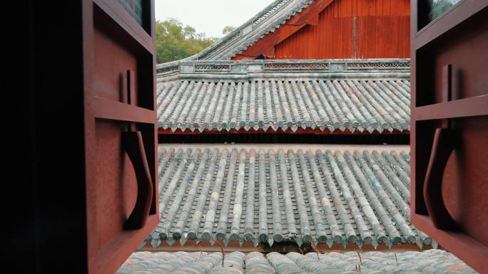 宁波保国寺古建筑木窗屋檐空镜头