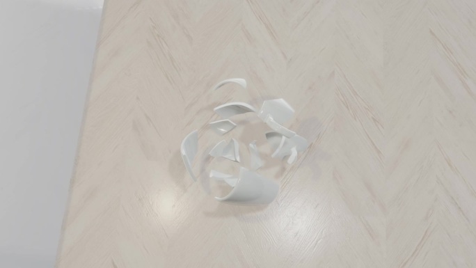 3d渲染一个破碎的杯子在小碎片，打破动画在慢动作