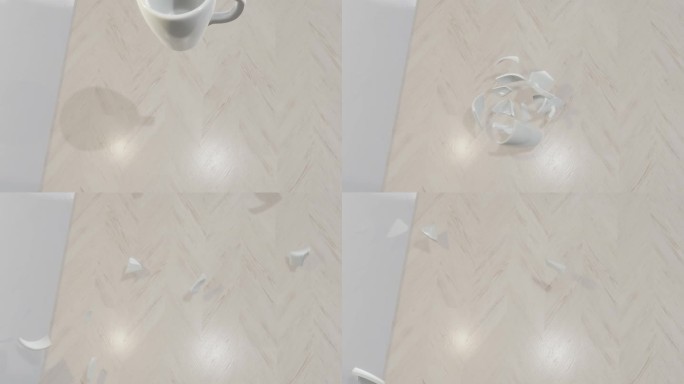 3d渲染一个破碎的杯子在小碎片，打破动画在慢动作