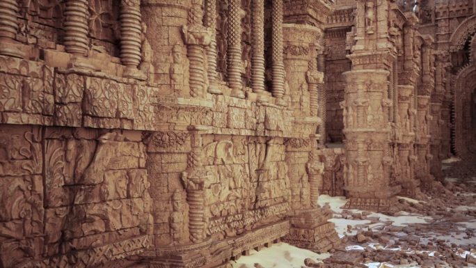石壁寺庙中雕刻复杂的石墙，装饰有装饰图案