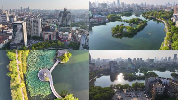 江西南昌八一公园航拍百花洲城市地标风景风