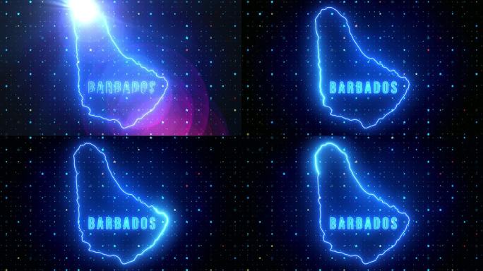 未来的蓝色闪耀巴巴多斯大纲地图和标签文本发光霓虹灯耀斑运动揭示与星星闪耀网格背景