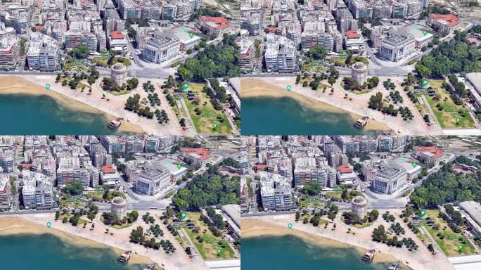 白塔塞萨洛尼基希腊视图，谷歌地球地图图形动画媒体，视角拍摄