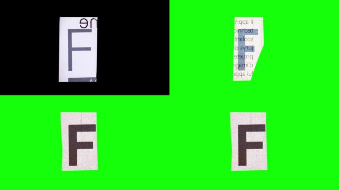 大写字母F在剪纸字母。勒索信风格。杂志剪报。动态滚动循环。