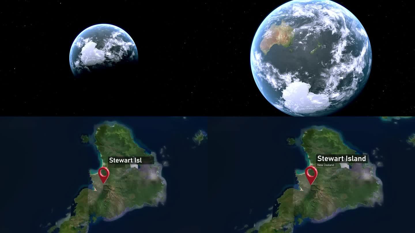 斯图尔特岛地图从太空缩放到地球，新西兰