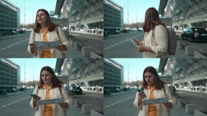 旅行，旅行，机场和兴奋的迷路的女人用旅行地图在机场航站楼附近使用智能手机。背包者凭身份证件查询国际注