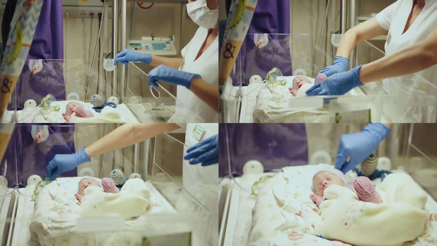 不知名的护士戴着白手套，采取行动照顾早产儿，选择性地关注婴儿的眼睛。新生儿放在保温箱中。新生儿重症监