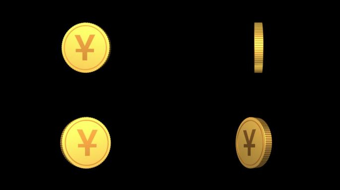 带有中国货币符号“元”的旋转金币3D动画，无缝循环视频，透明背景，包含alpha通道。