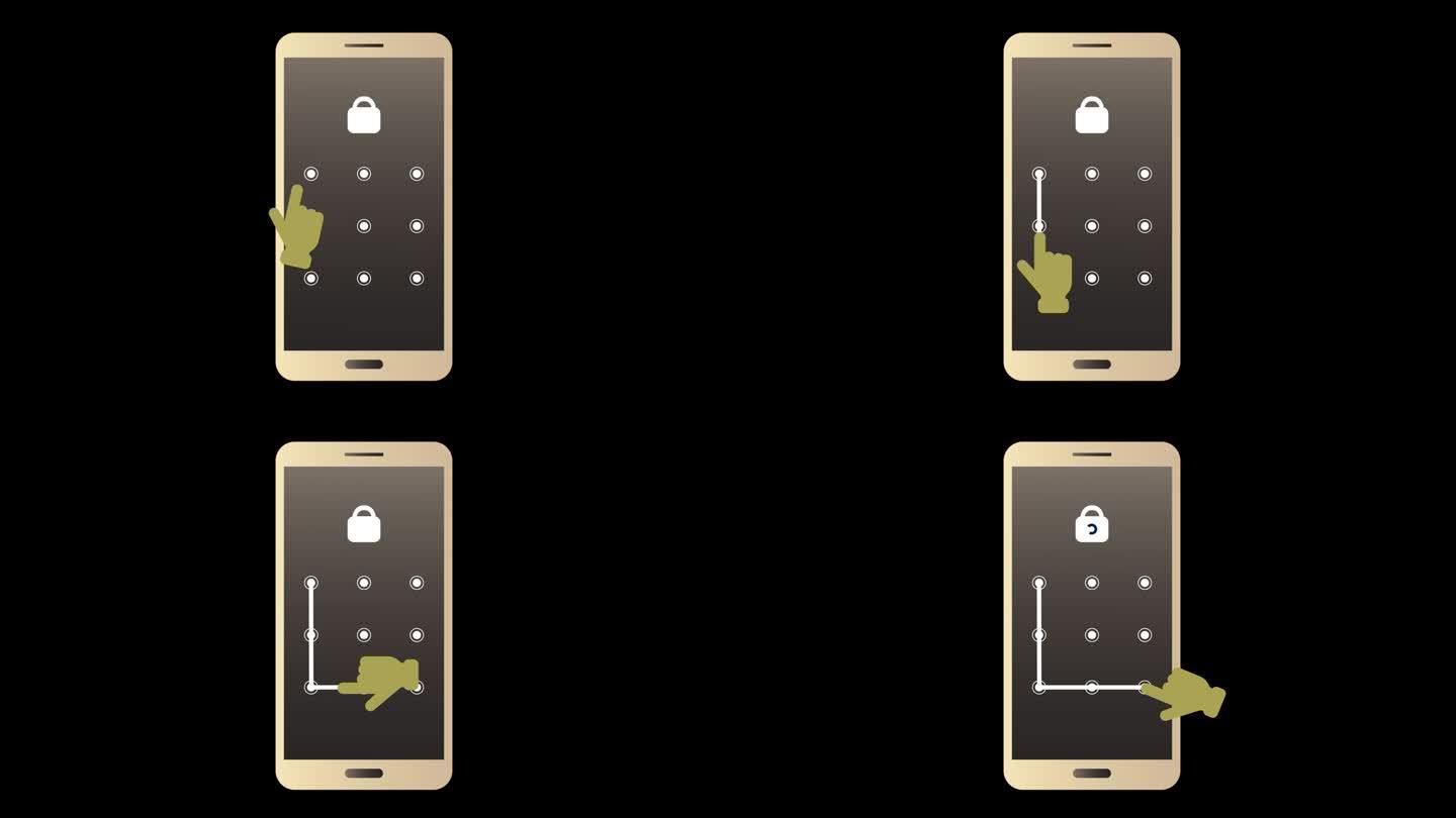 智能手机模式锁定安全动画Alpha通道。手机安全保护和安全锁屏密码。解锁密码界面。手机模式认证触摸屏