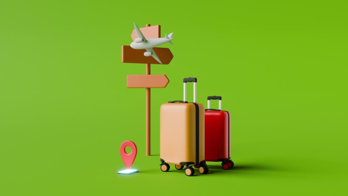 两个行李箱，指路牌，上面有地图图钉的智能手机，还有飞行中的飞机。旅游的概念