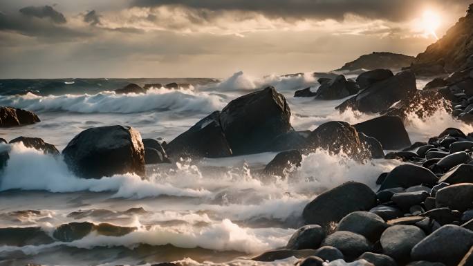 4K大海海浪浪花海岸线岩石悬崖