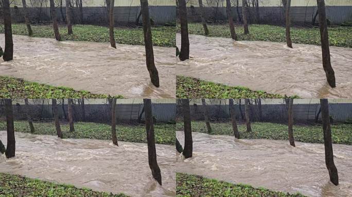 暴风雨中的大量水极端天气过后汹涌的河水。