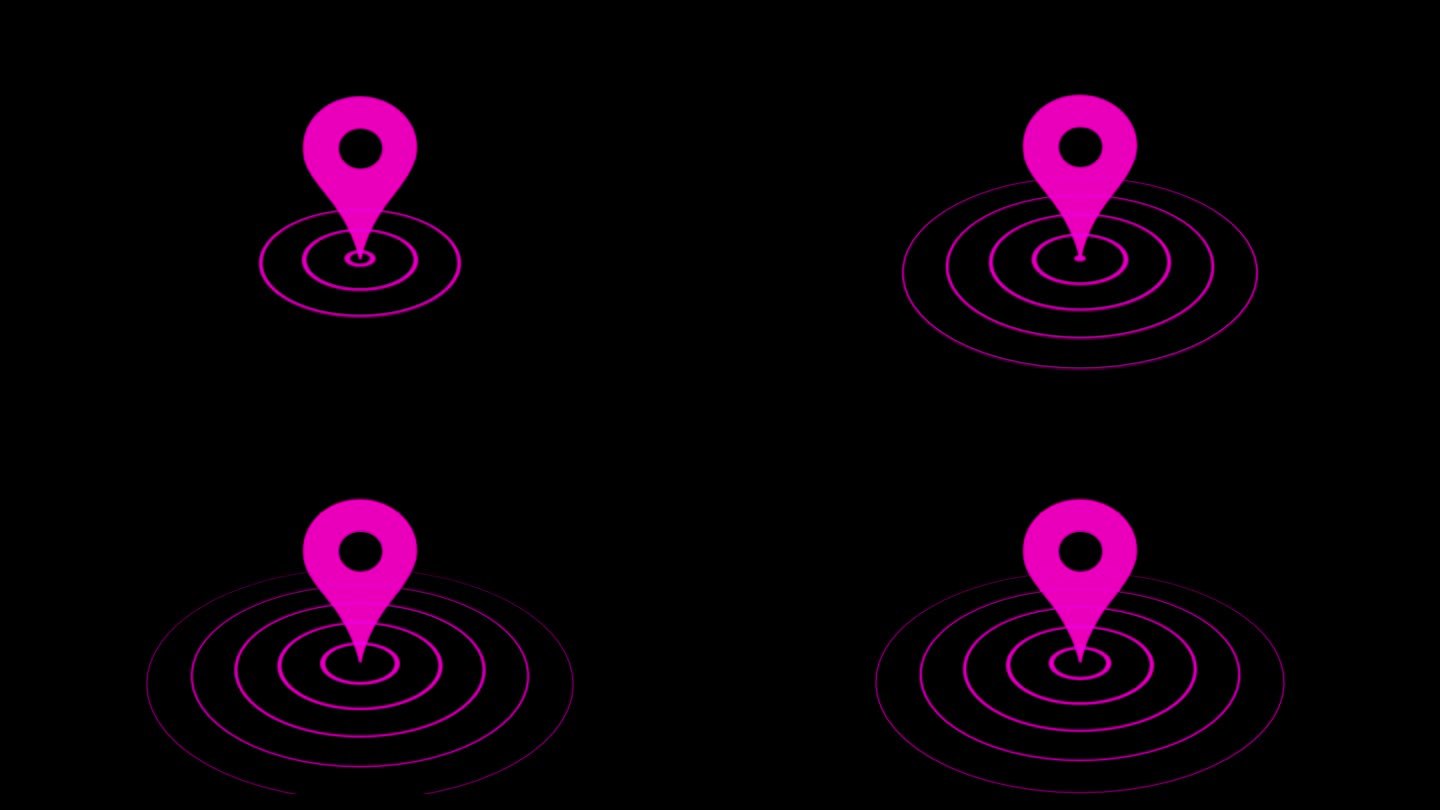 地图引脚动画图标，gps指针。紫色定位路线gps位置导航标志和旅行导航针路标路标。位置信号。定位标志