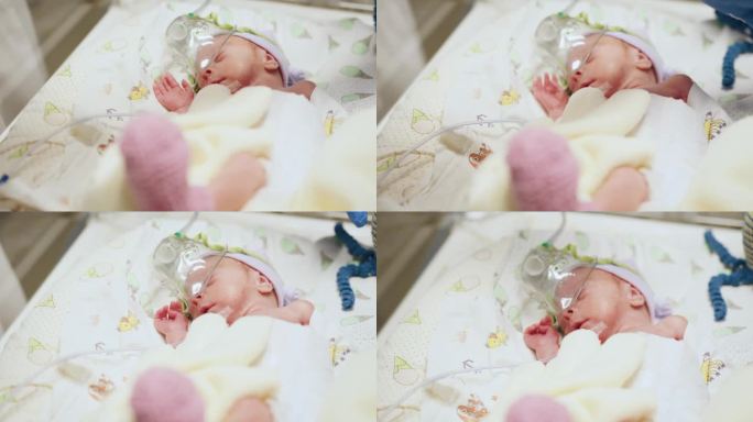 刚出生一天的婴儿在重症监护室的医疗孵化器里。孩子手的微距照片。新生儿救助概念。