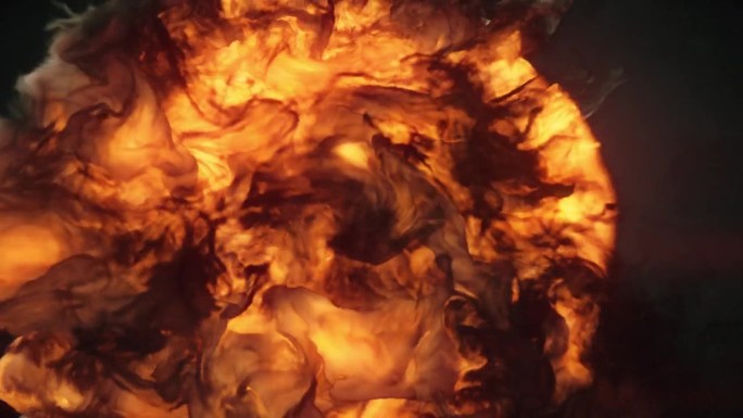 大爆炸的火焰与明亮的橙黄色调色板和漩涡的黑烟。3d渲染数字动画背景4K