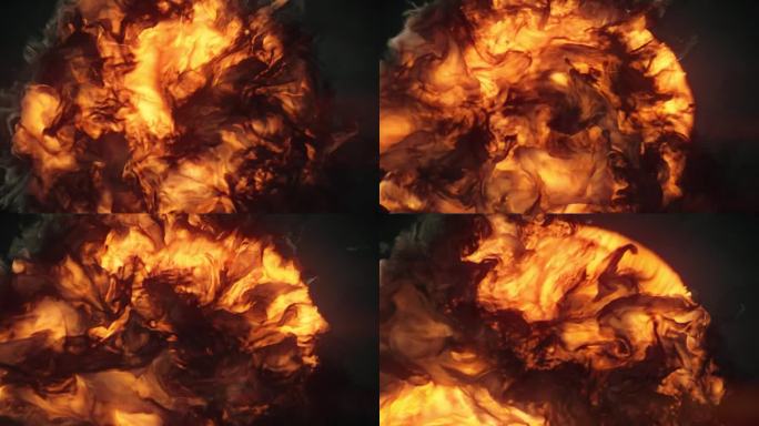 大爆炸的火焰与明亮的橙黄色调色板和漩涡的黑烟。3d渲染数字动画背景4K