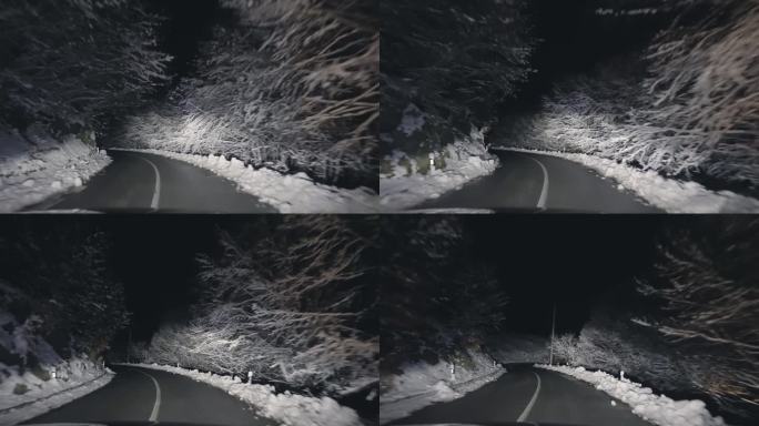 夜间在山区冬道上行驶